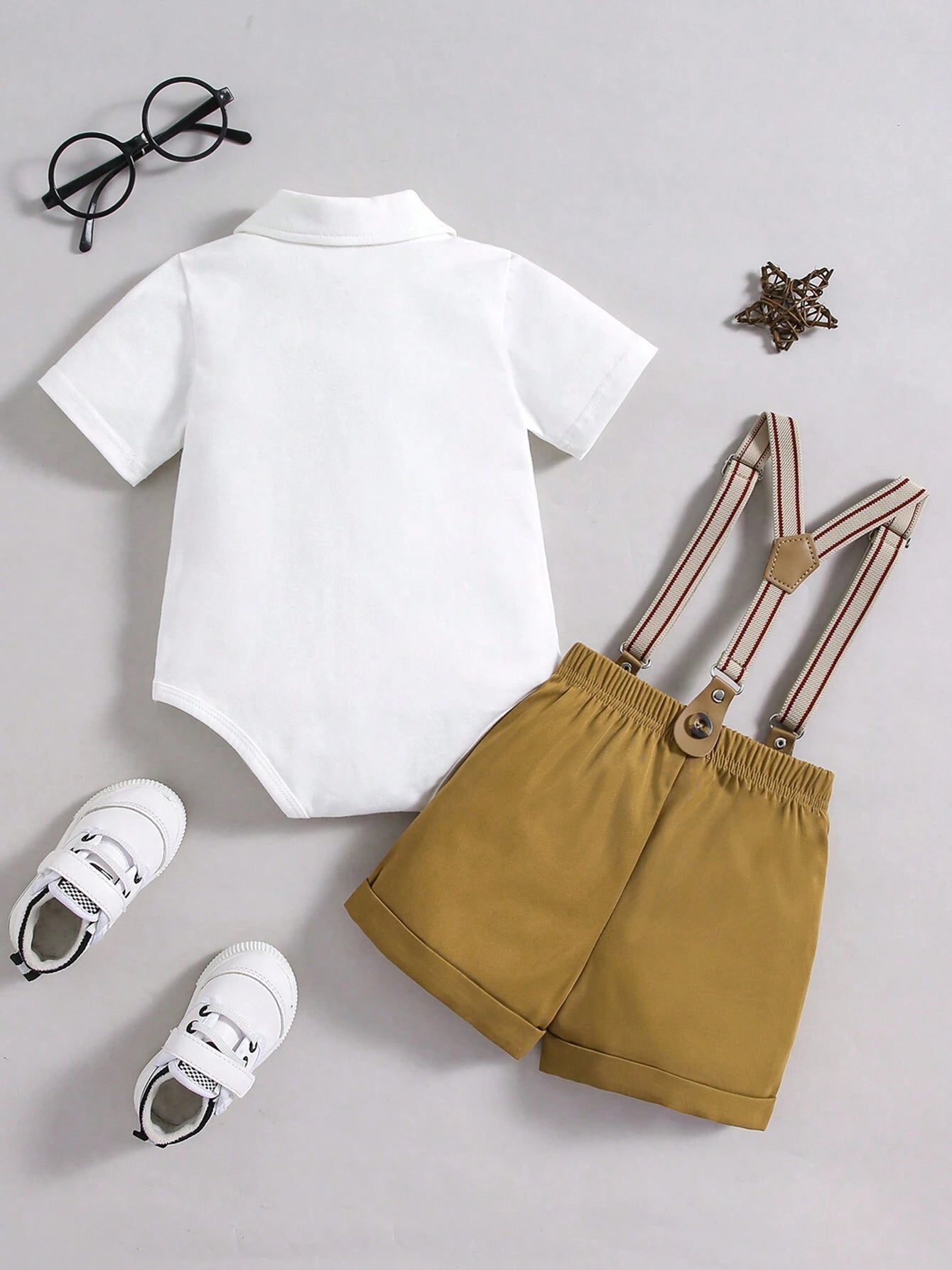 Bow Knot Turn-Down Collar Short Sleeve Bodysuit With Suspenders Shorts