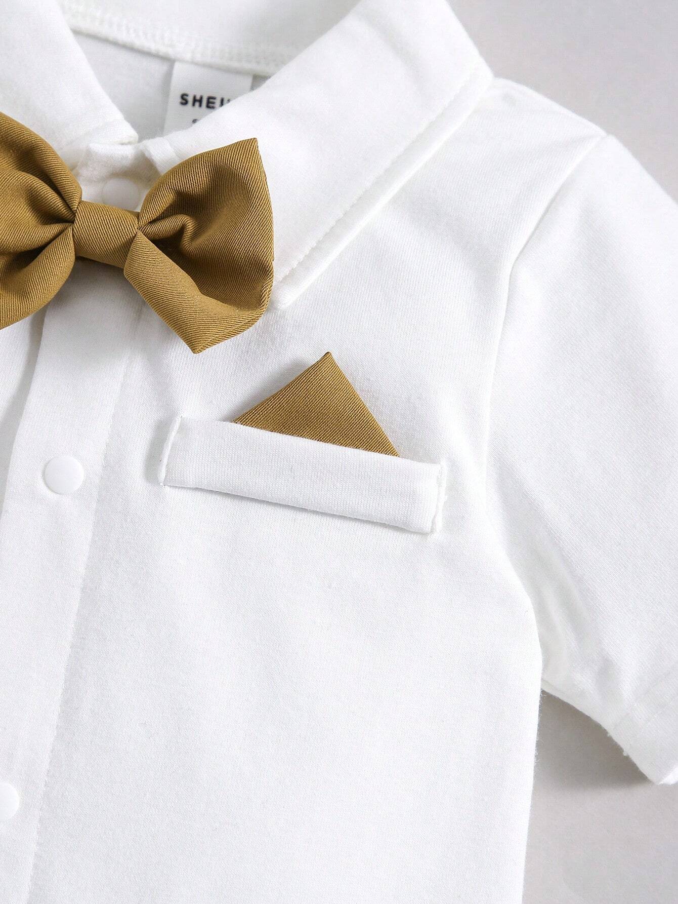 Bow Knot Turn-Down Collar Short Sleeve Bodysuit With Suspenders Shorts