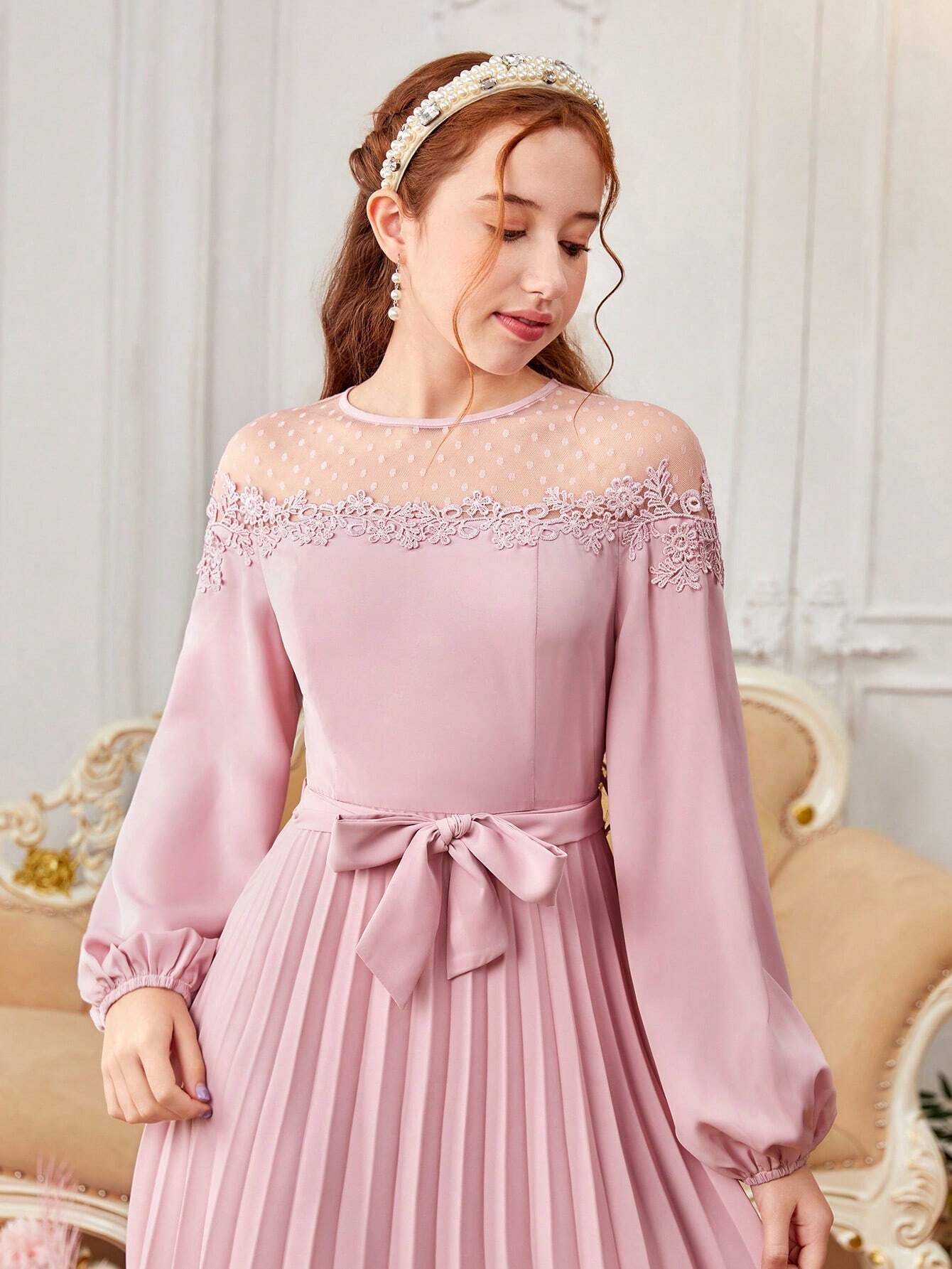 Teenage Girls' Color Block Lace Polka Dot Mesh Lantern Sleeve Pleated Dress