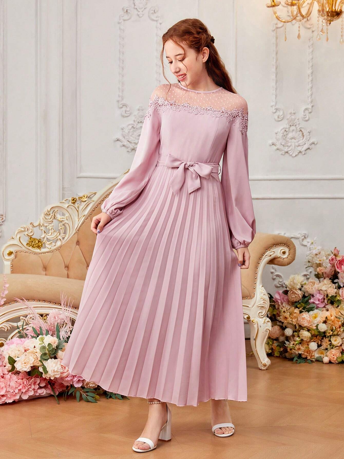 Teenage Girls' Color Block Lace Polka Dot Mesh Lantern Sleeve Pleated Dress Pink
