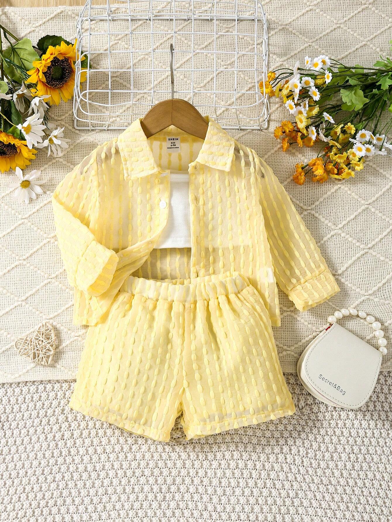 Baby Girl Solid Cami Top & Shorts & Button Up Shirt Yellow
