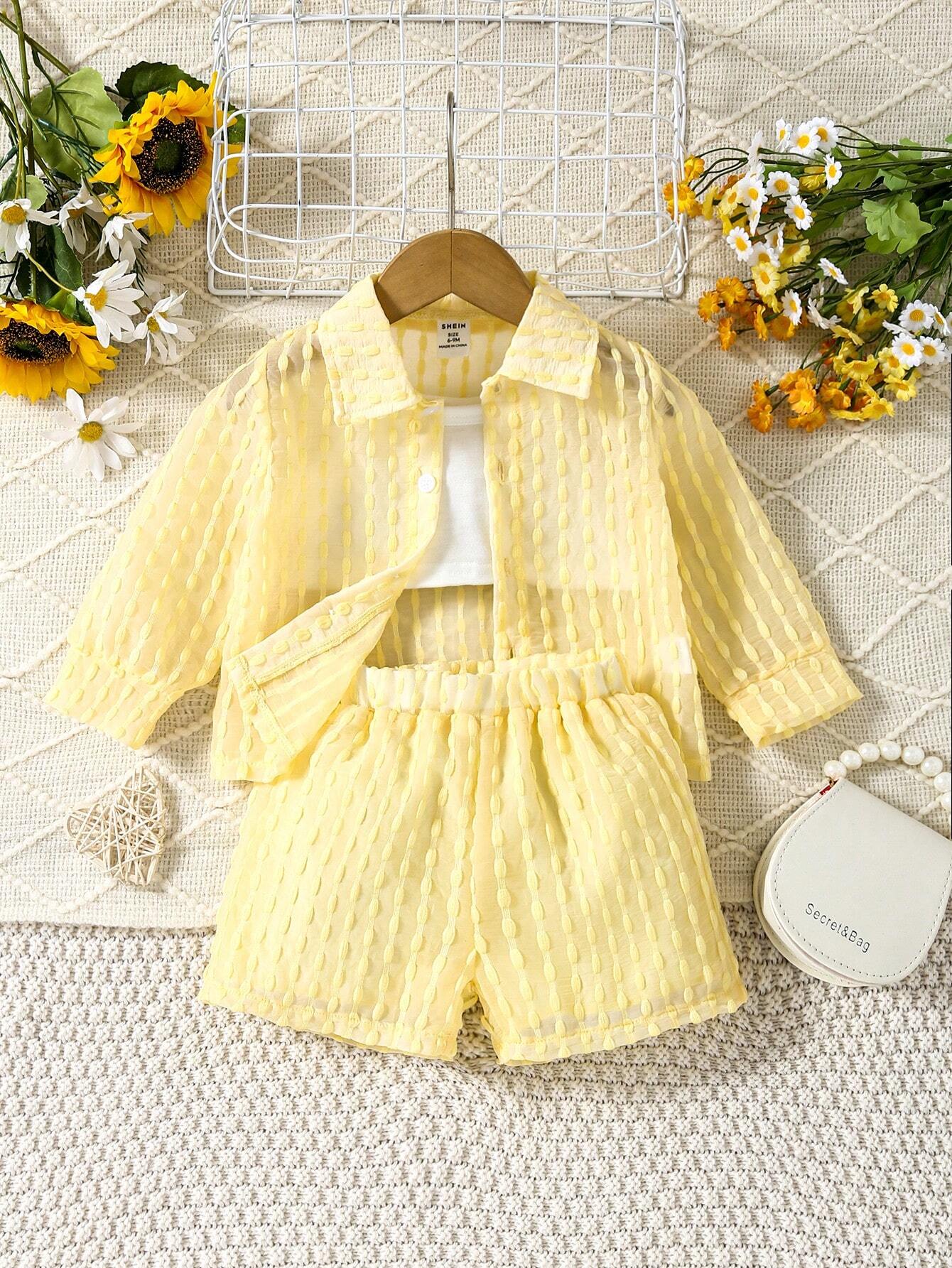 Baby Girl Solid Cami Top & Shorts & Button Up Shirt