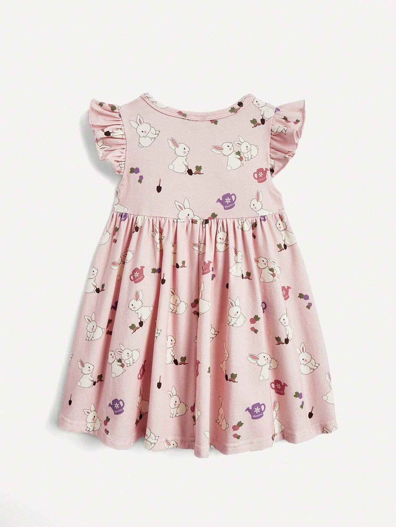 Baby Girl Cartoon Bunny Patterned Short Sleeve Dress With Ruffles And Waistband