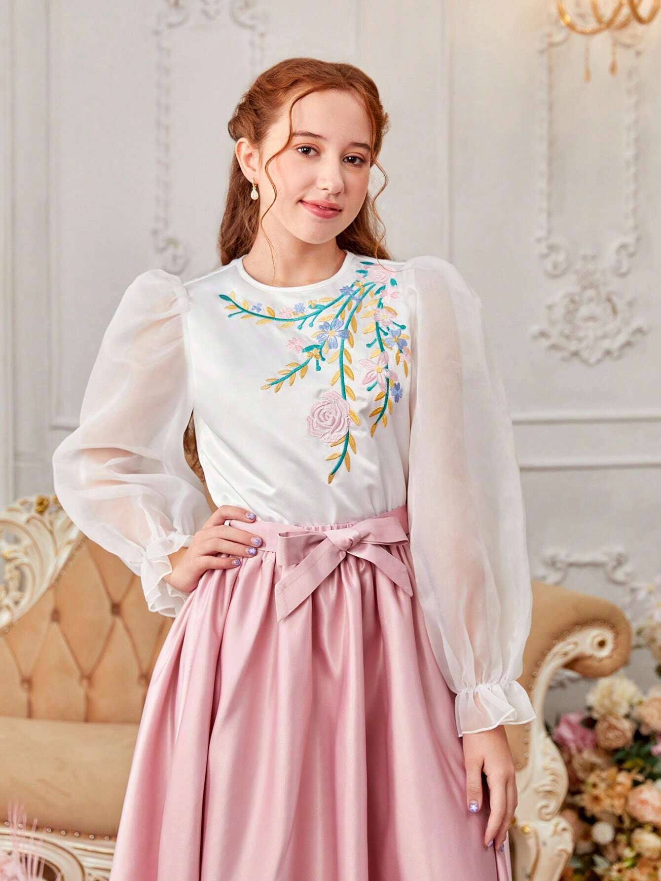 2pcs/Set Teenage Girl's Embroidered Puff Sleeve Shirt And Skirt