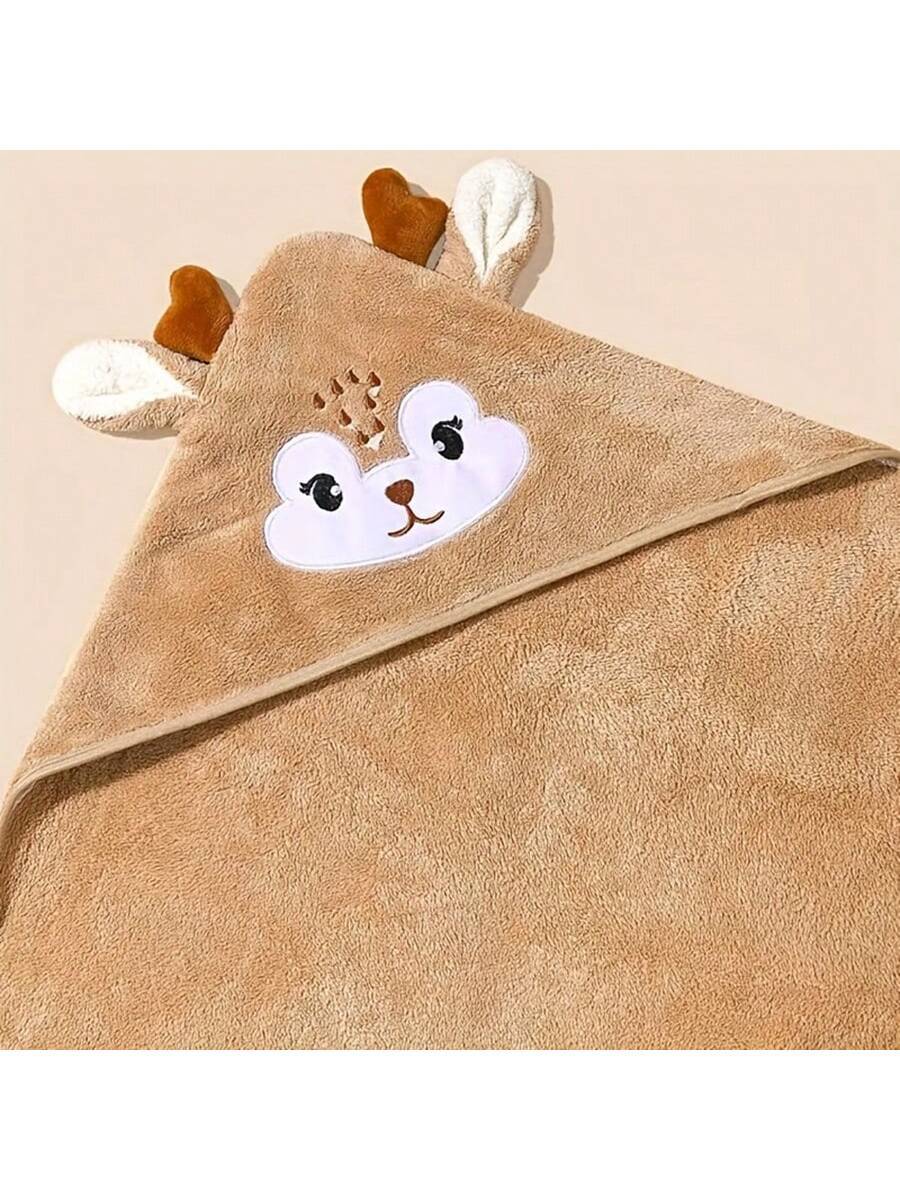 1pc Baby Swaddle Blanket Deer Cartoon Pattern Coral Fleece Bath Towel Soft Absorbent Skin-Friendly For Newborn Bathing
