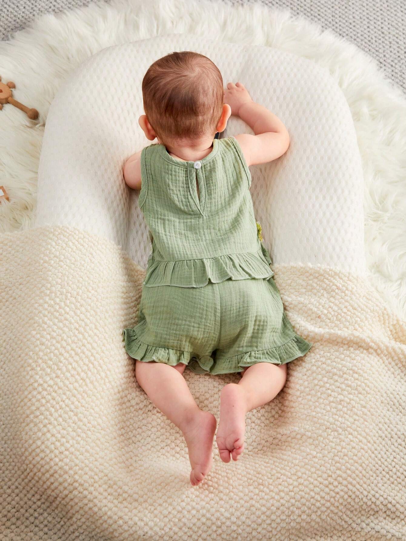 Baby Girl Flower Embroidery Applique Ruffle Hem Sleeveless Top And Shorts Set