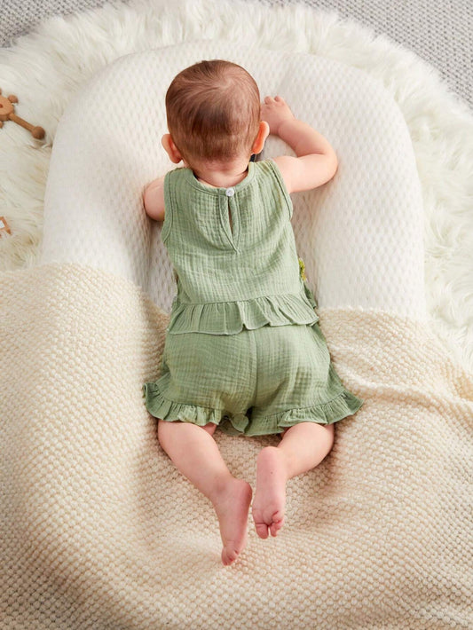 Baby Girl Flower Embroidery Applique Ruffle Hem Sleeveless Top And Shorts Set