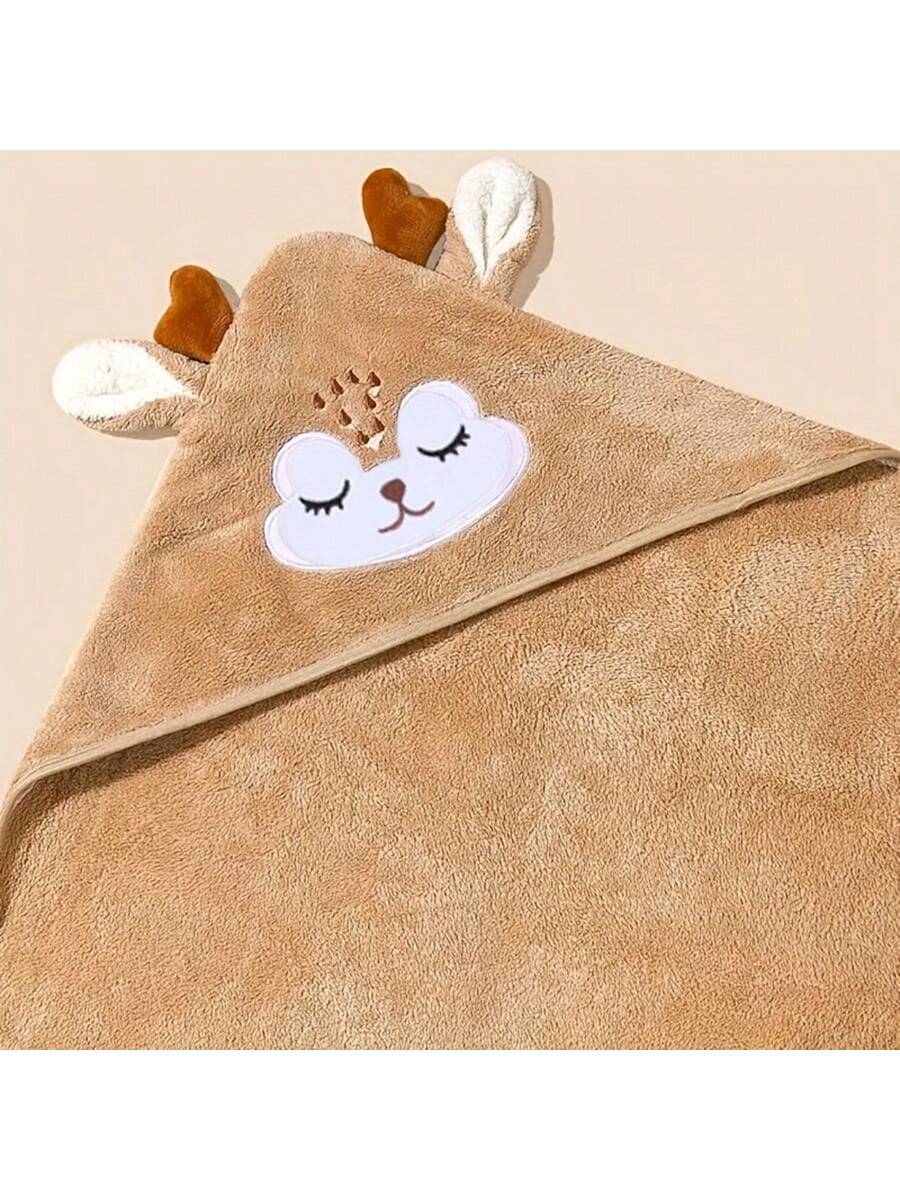 1pc Baby Swaddle Blanket Deer Cartoon Pattern Coral Fleece Bath Towel Soft Absorbent Skin-Friendly For Newborn Bathing