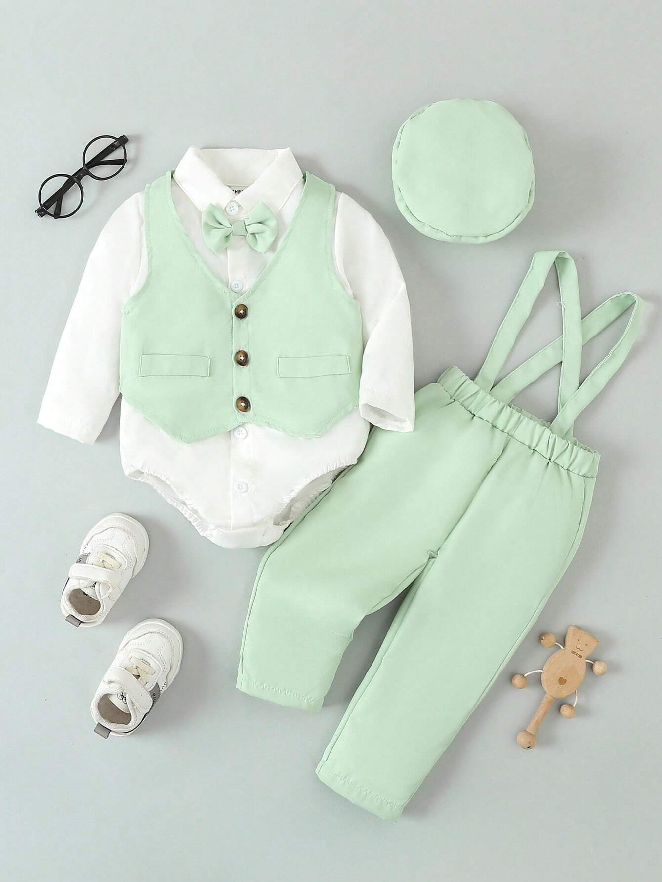 Multiple Pieces Baby Boy's Gentleman Style Buttoned Shirt With Bowtie, Suspender & Long Pants Green