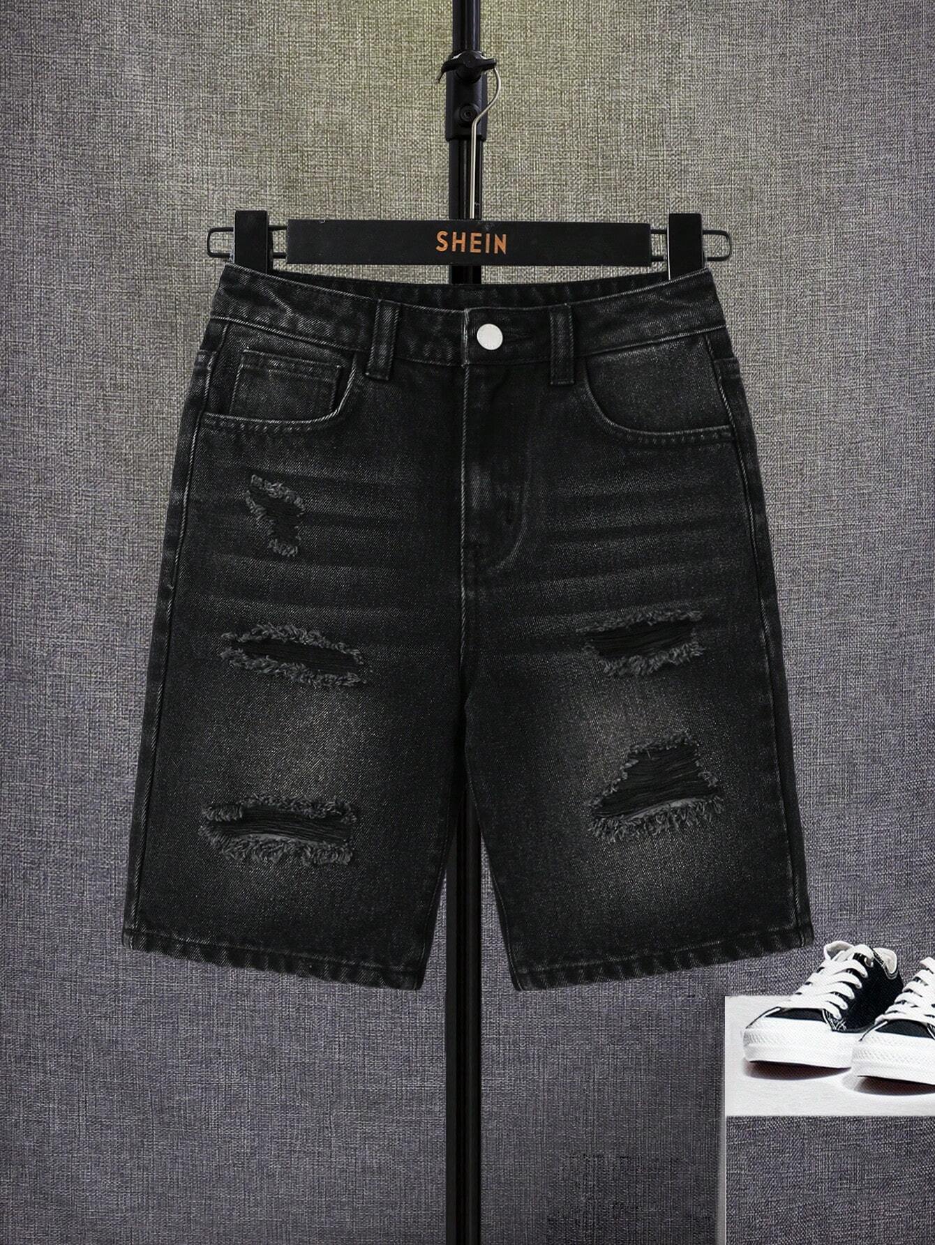 Tween Boys' Distressed Denim Shorts With Washed Details Dark Grey