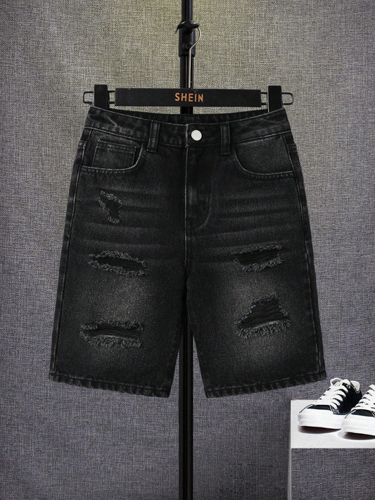 Tween Boys' Distressed Denim Shorts With Washed Details Dark Grey