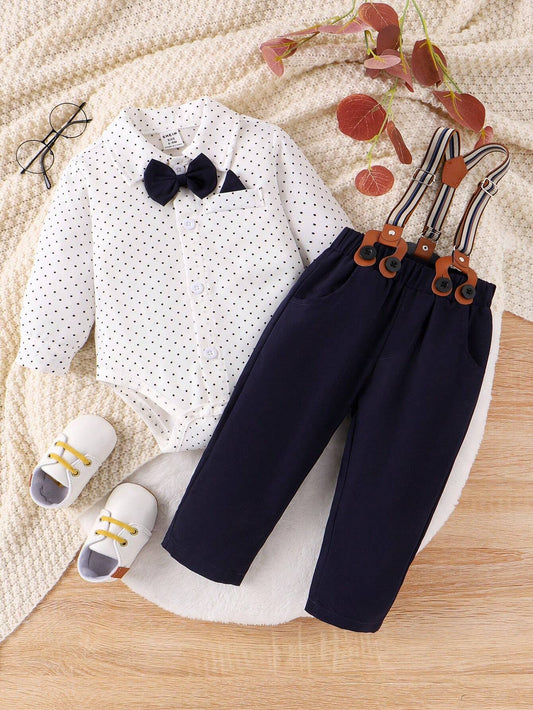 Baby Boy Polka Dot Printed Romper With Braces & Long Pants Gentleman Outfit Set White