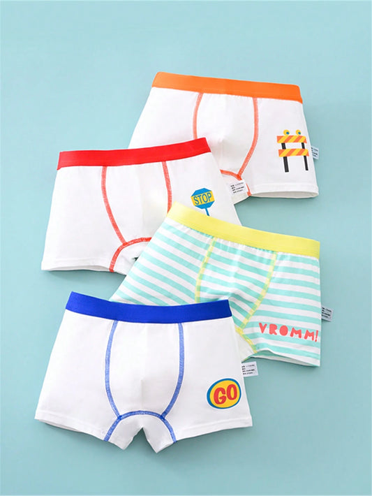 4pcs/Pack Young Boy Construction Vehicle Printed Boxer Briefs