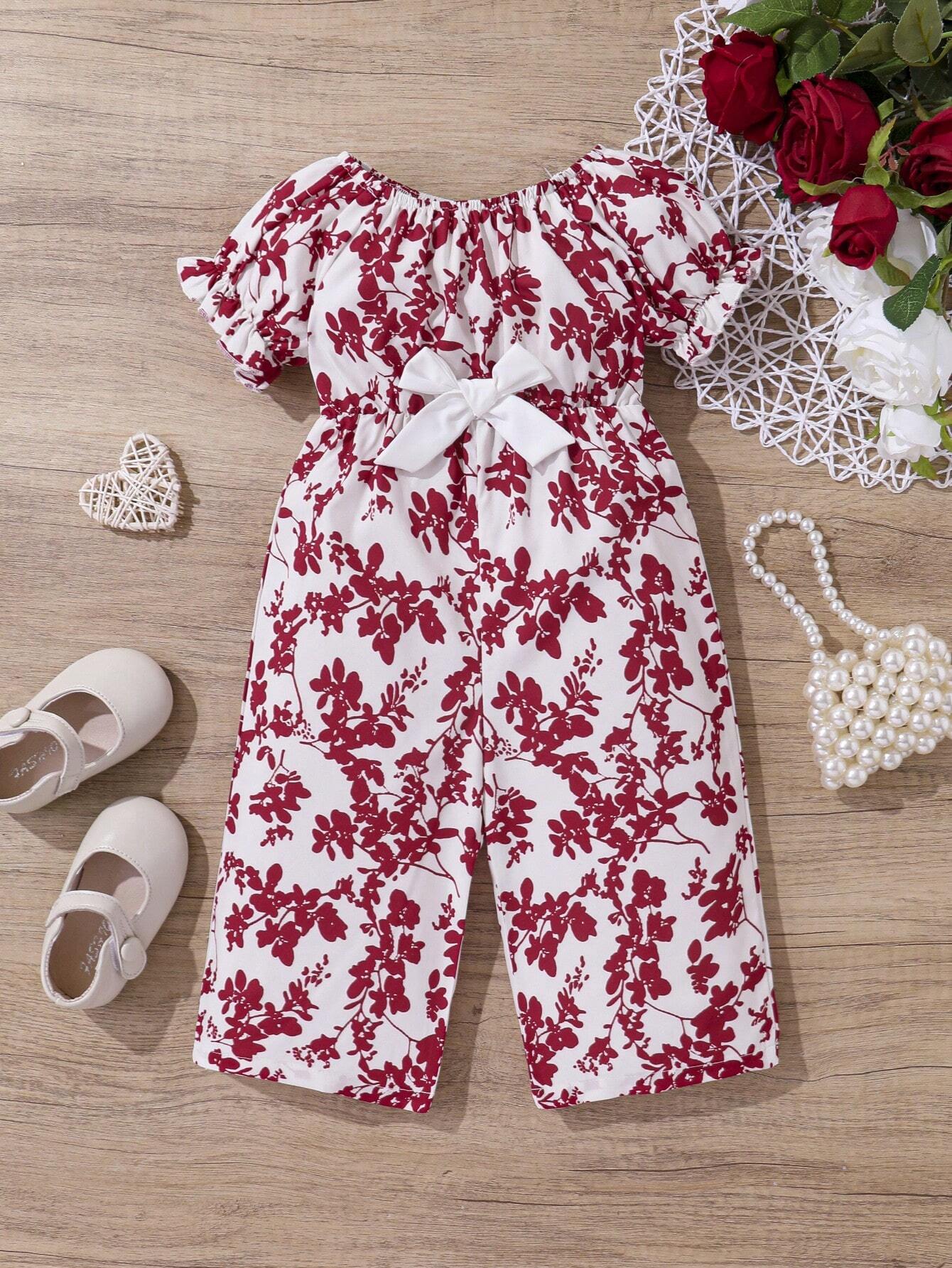 Baby Girl Floral Print Puff Sleeve Bow Front Jumpsuit Red