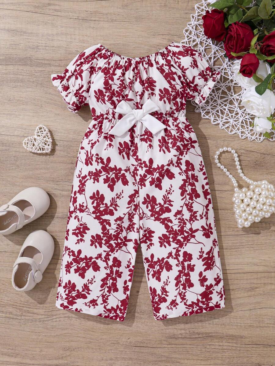 Baby Girl Casual Bowknot & Botanical Print Short Sleeve Jumpsuit Red 9-12M
