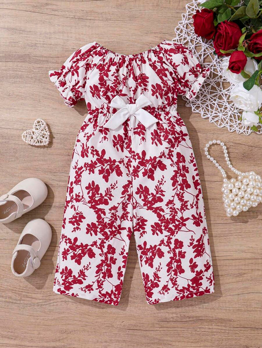 Baby Girl Casual Bowknot & Botanical Print Short Sleeve Jumpsuit Red 9-12M