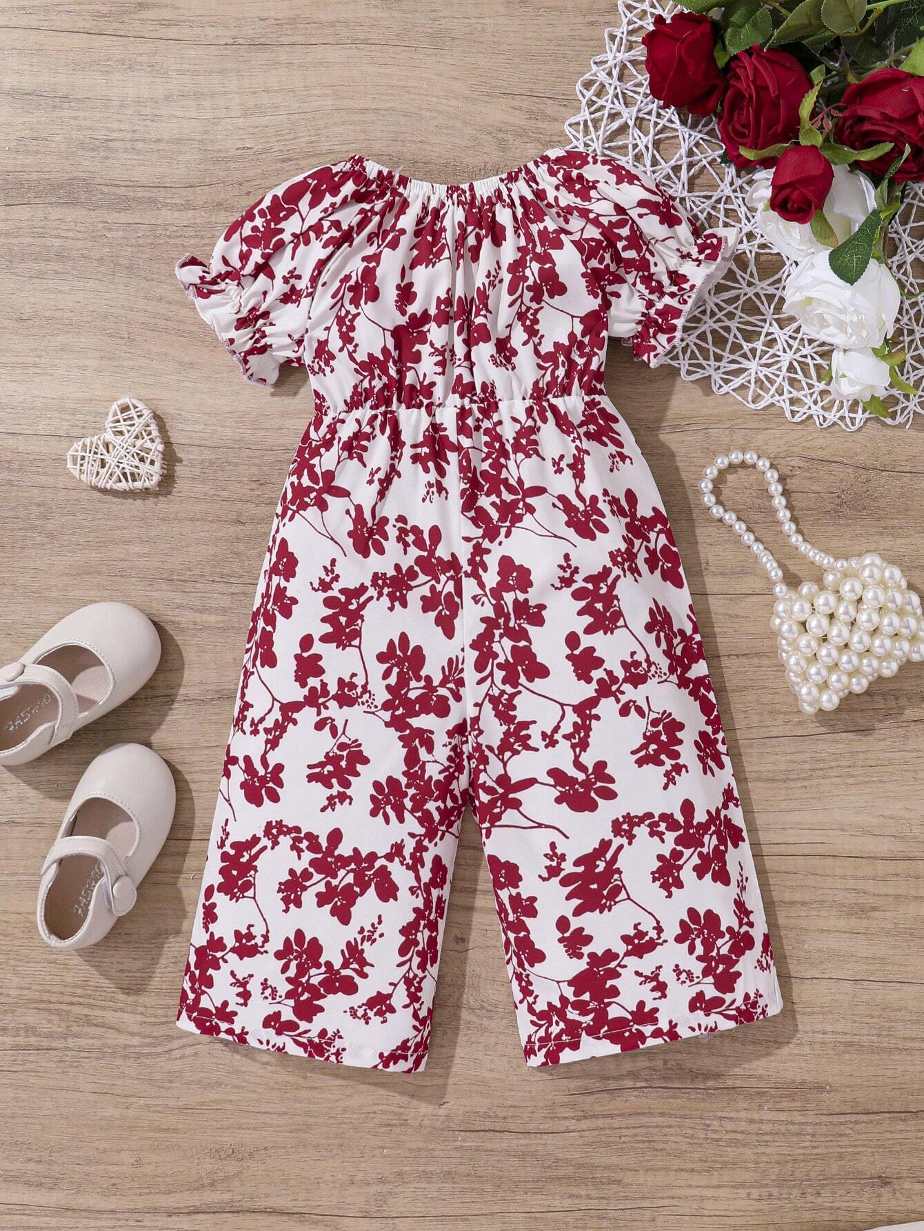 Baby Girl Floral Print Puff Sleeve Bow Front Jumpsuit