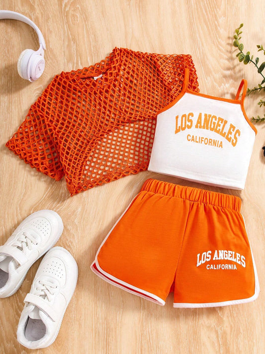 Young Girl Letter Print Color Block Trim Cami Vest Top & Mesh Crop Top & Shorts Orange