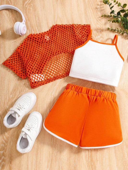 Young Girl Letter Print Color Block Trim Cami Vest Top & Mesh Crop Top & Shorts