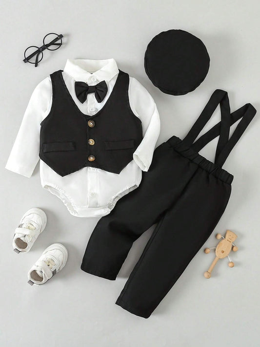 Multiple Pieces Baby Boy's Gentleman Style Buttoned Shirt With Bowtie, Suspender & Long Pants Black