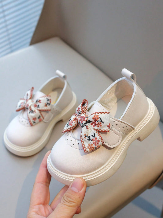 Children's College Style Bow Knot Soft Bottom Leather Shoes Girls' Shoes Beige