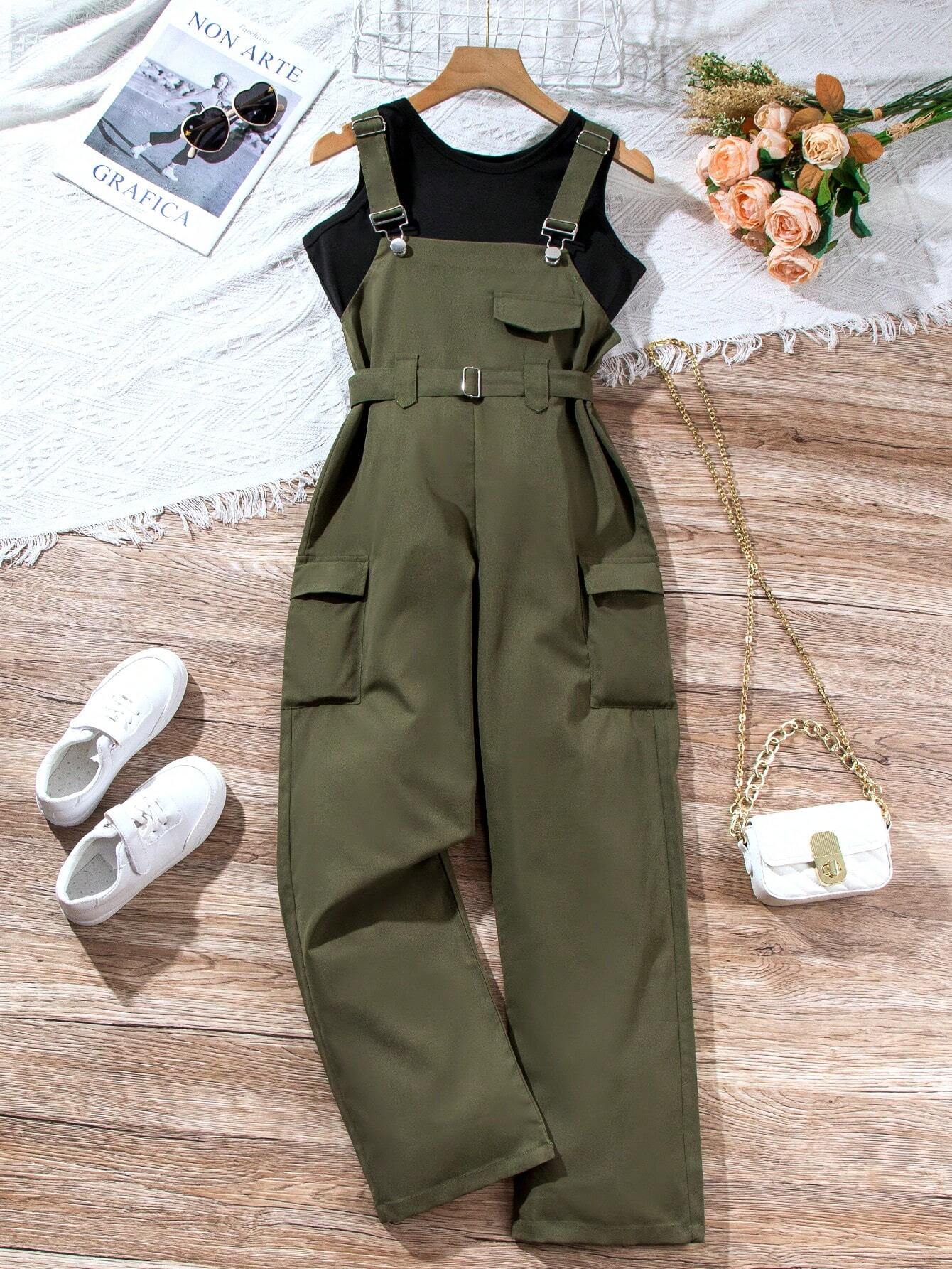 Casual 2 Pieces Set - Workwear Overalls Pants And Solid Color Round Neck Vest Multicolor