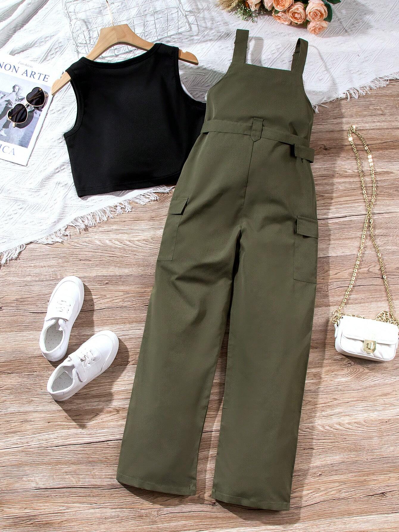 Casual 2 Pieces Set - Workwear Overalls Pants And Solid Color Round Neck Vest