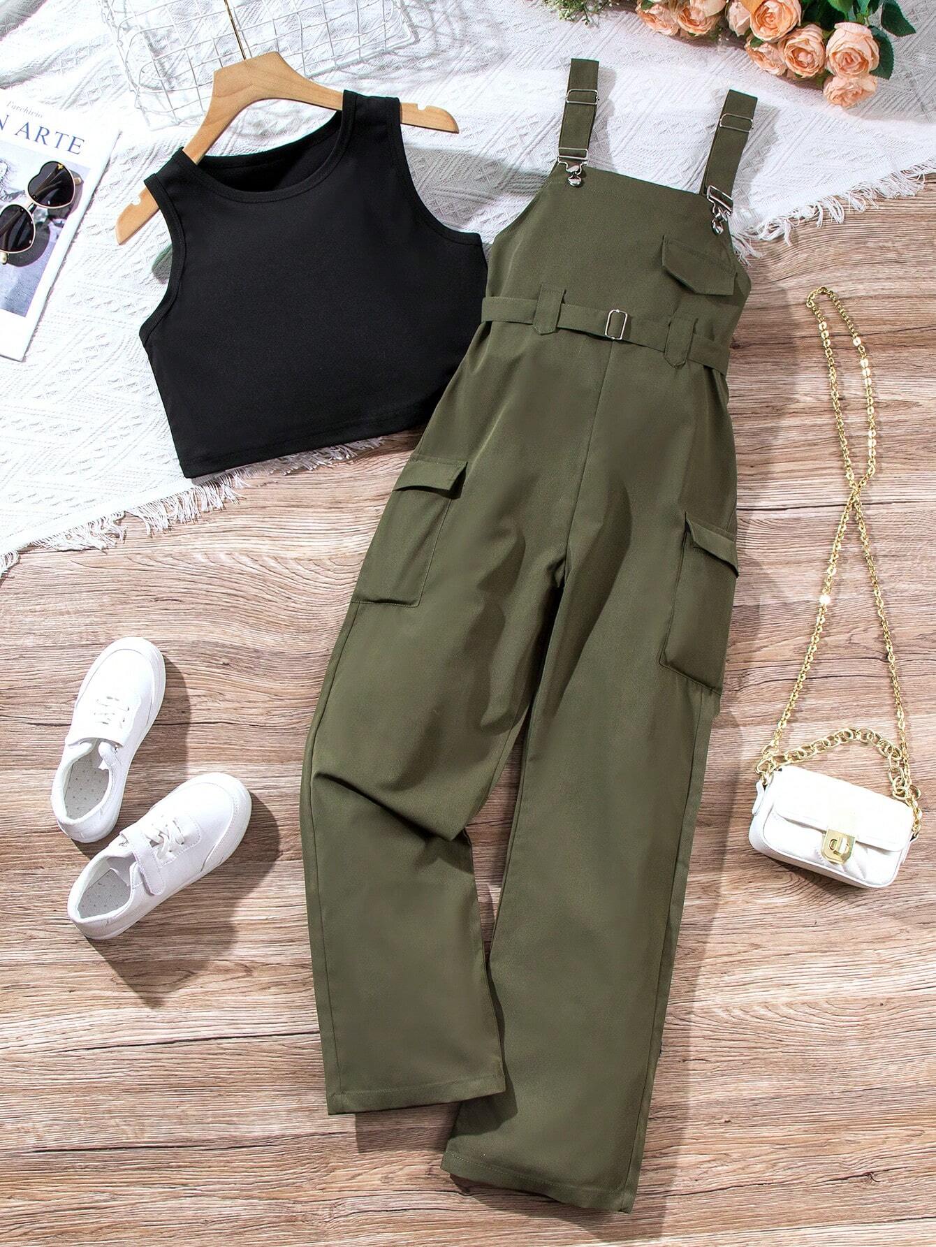 Casual 2 Pieces Set - Workwear Overalls Pants And Solid Color Round Neck Vest
