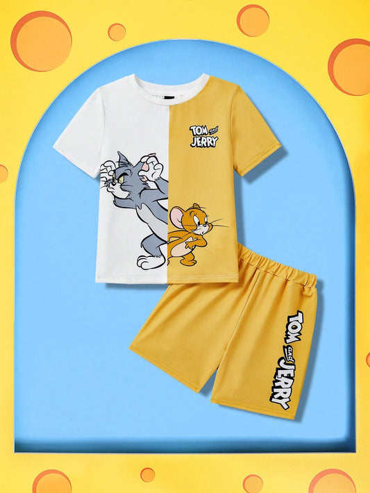 Young Boy Cartoon Graphic Colorblock Tee And Shorts Set Yellow