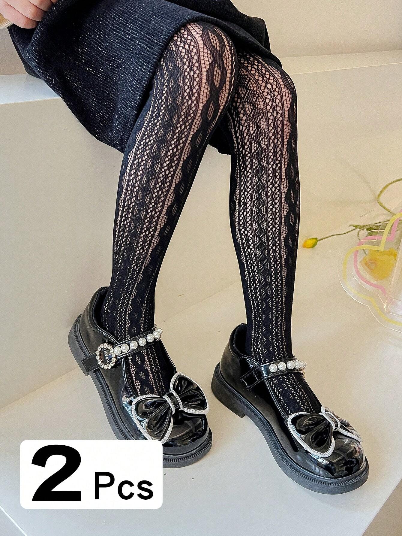 2pairs Girls' Mesh Heart Patterned Leggings Black
