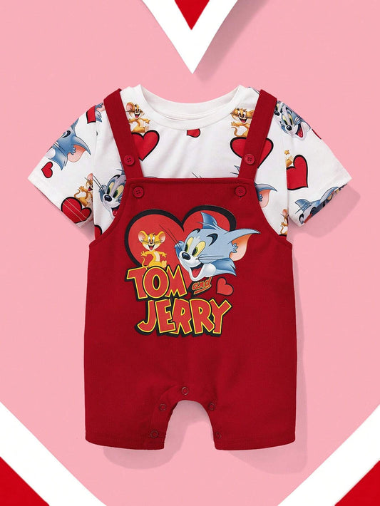 Baby Boy Cartoon Graphic Tee And Jumpsuit Set Red