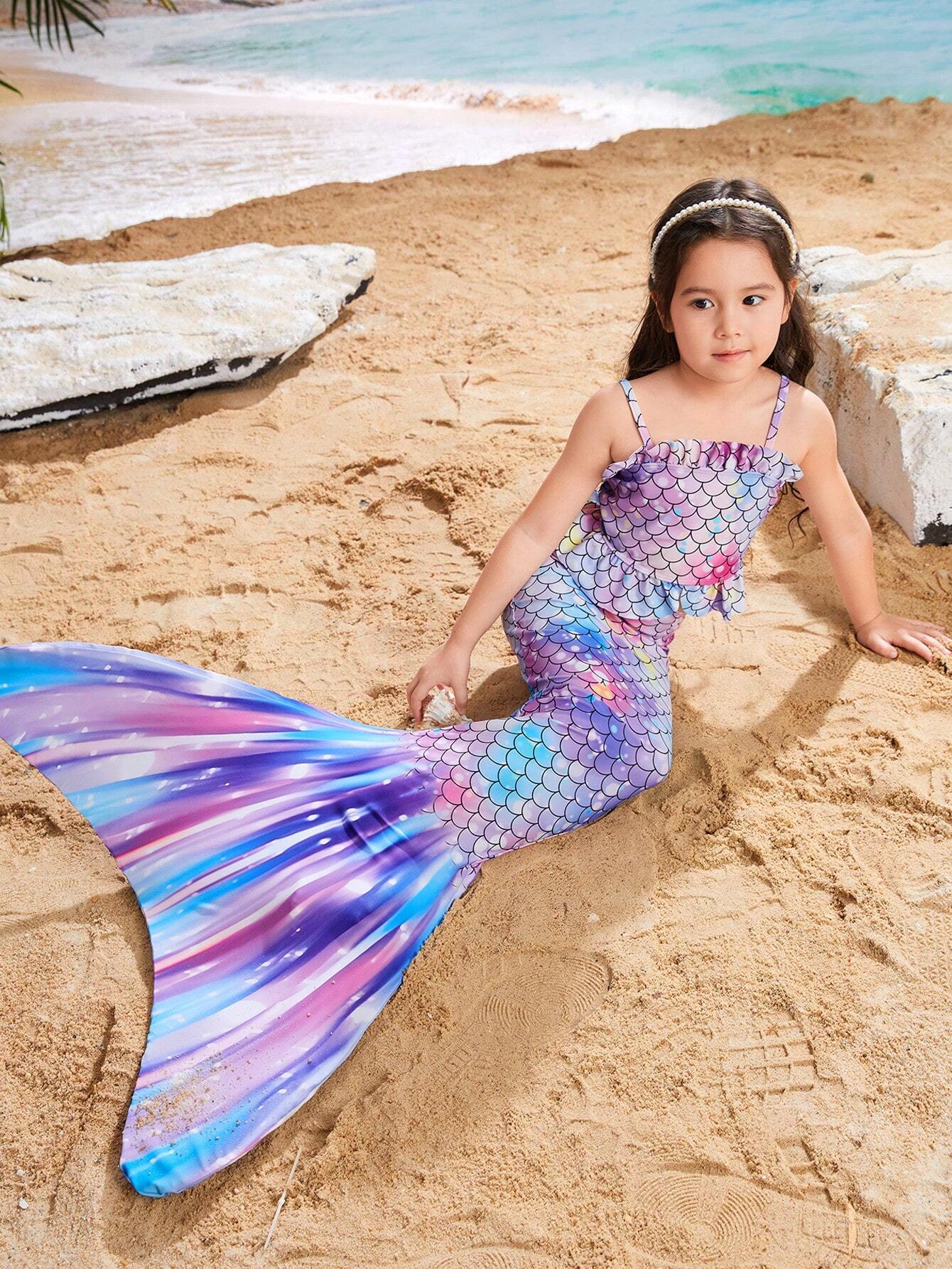Young Girls' Fish Scale Print Cami Bikini Top And Vest Style Bottom Swimsuit Multicolor