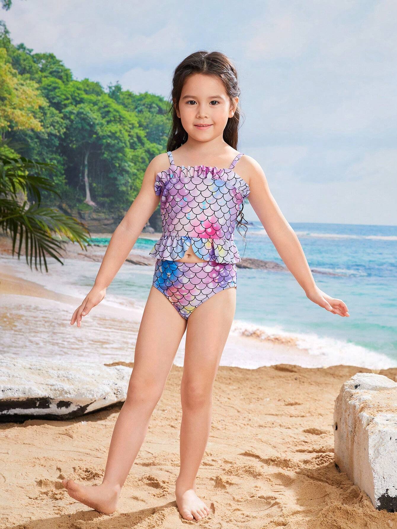 Young Girls' Fish Scale Print Cami Bikini Top And Vest Style Bottom Swimsuit