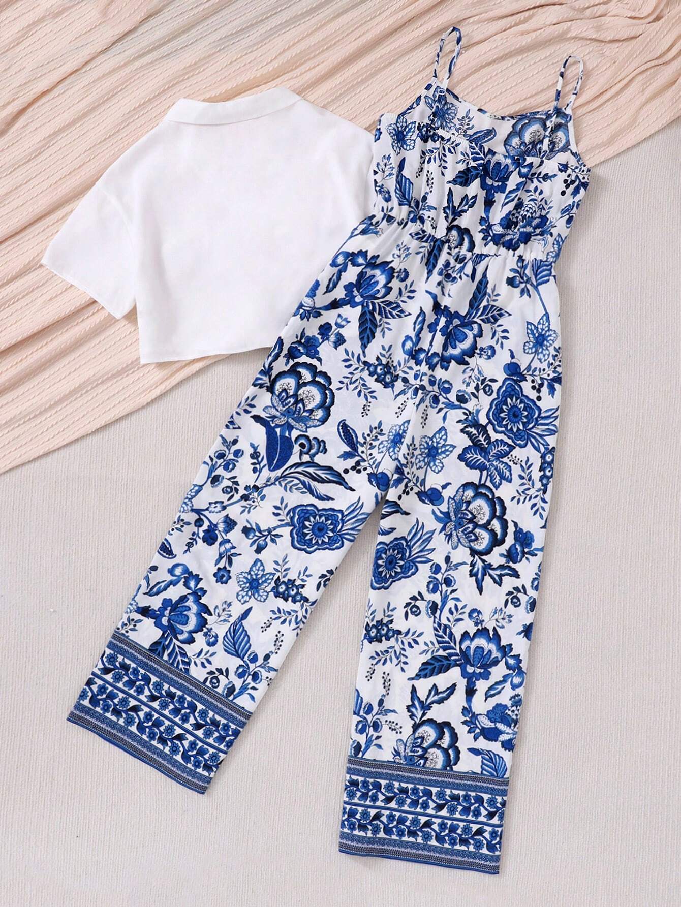 Teen Girls' Solid Color Bow-Tie Shirt & Flower Print Spaghetti Strap Jumpsuit Set
