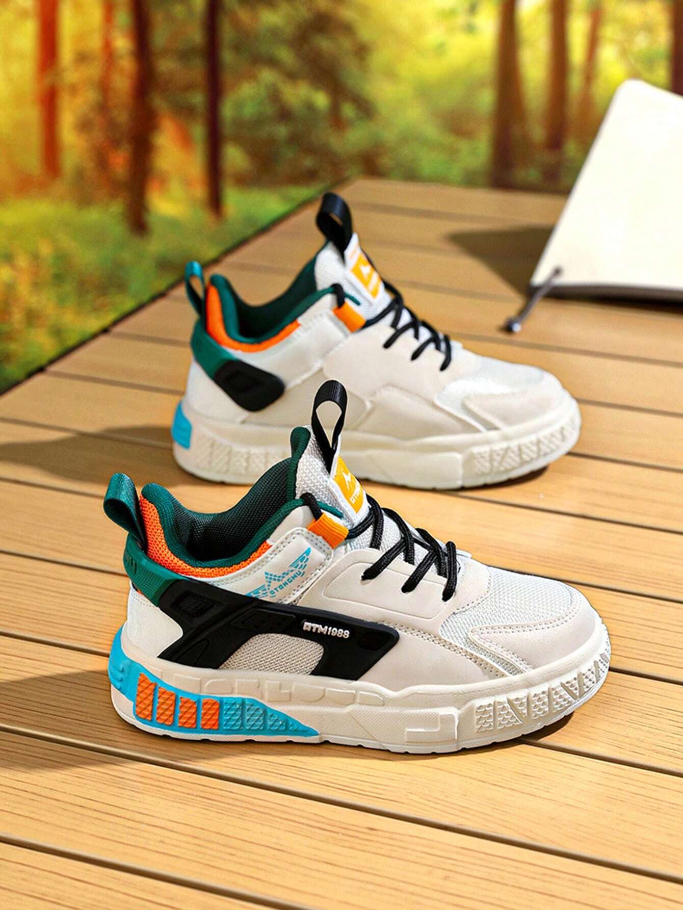 1pair Unisex Children's Leather And Mesh Splice Skateboard Casual Shoes