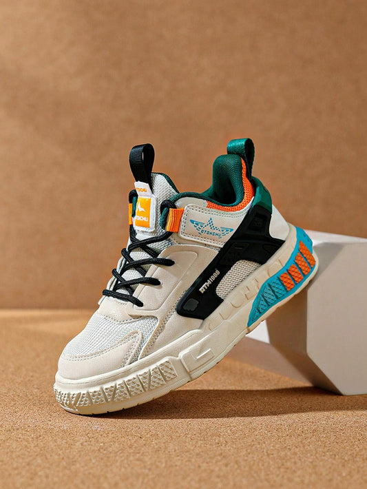 1pair Unisex Children's Leather And Mesh Splice Skateboard Casual Shoes Orange