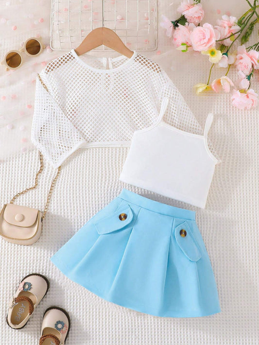 3pcs/Set Young Girl Fashionable Sweet Back To School Outfits Blue 2-3Y