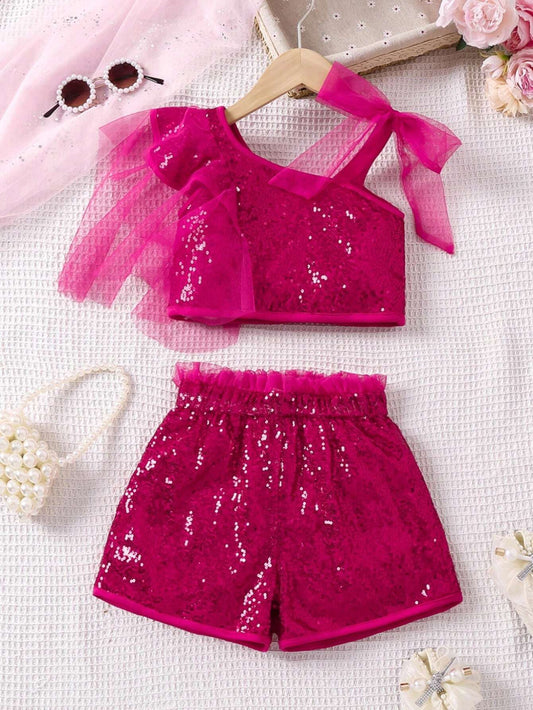 Young Girl Glittery Pink Asymmetrical Collar Top And Shorts Mesh Outfit Hot Pink