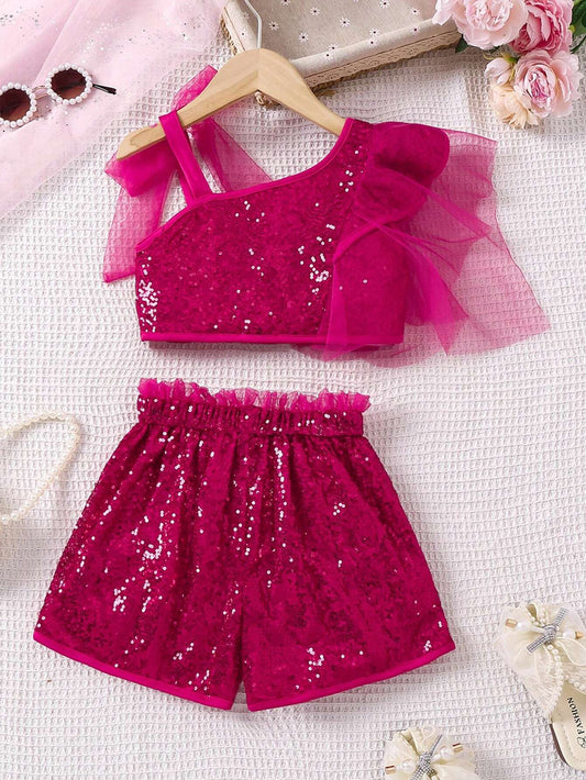 Young Girl Glittery Pink Asymmetrical Collar Top And Shorts Mesh Outfit