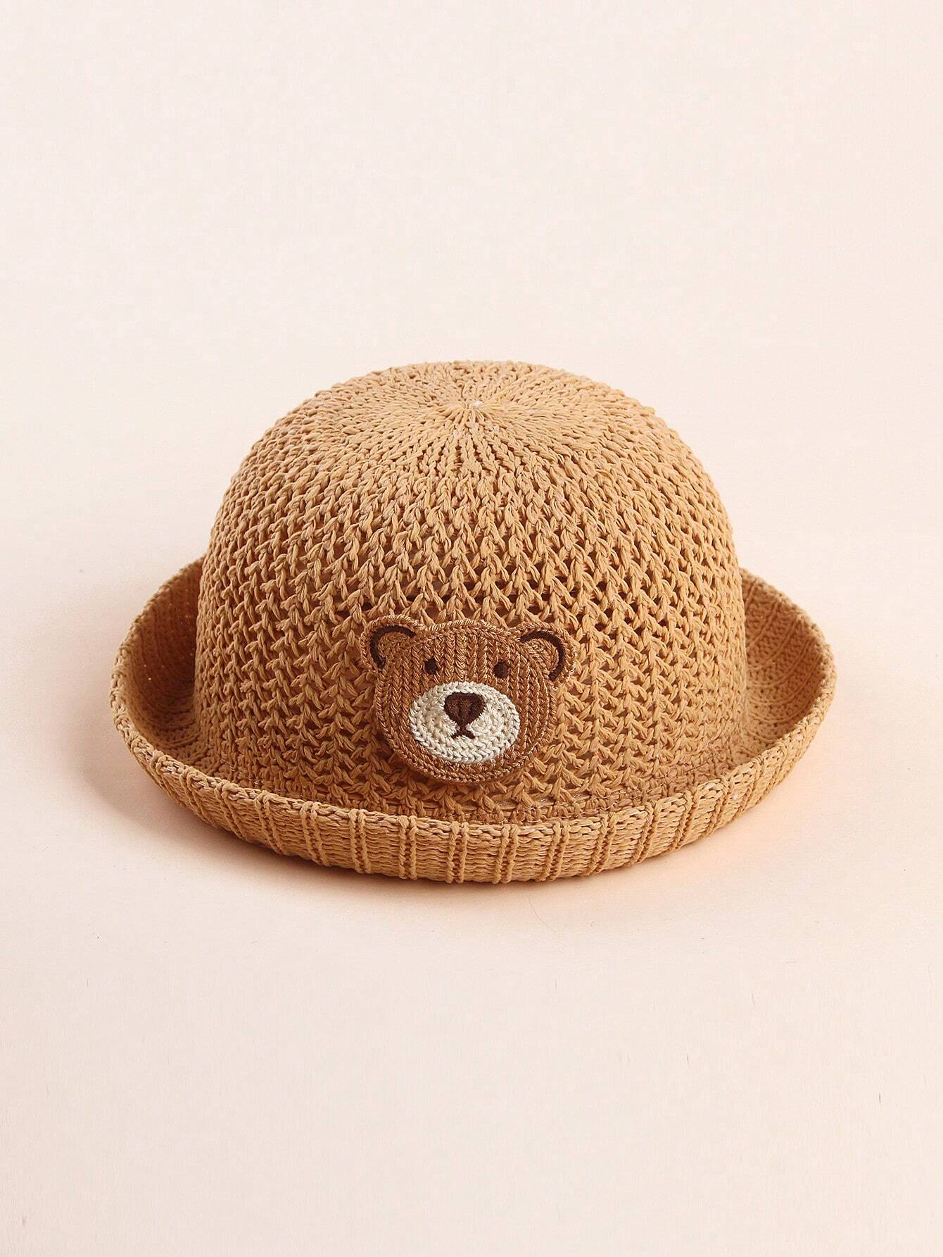 1pc Breathable Knitted Cartoon Bear Decor Sun Hat Khaki 3-12M