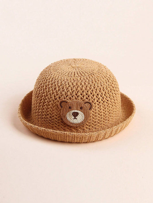 1pc Breathable Knitted Cartoon Bear Decor Sun Hat Khaki 3-12M