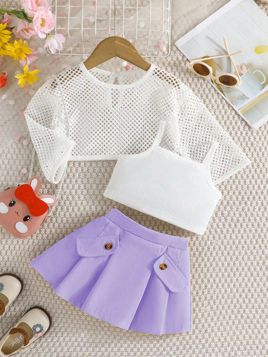 3pcs Young Girl Fashionable Sweetheart Back To School Outfits Purple 5-6Y