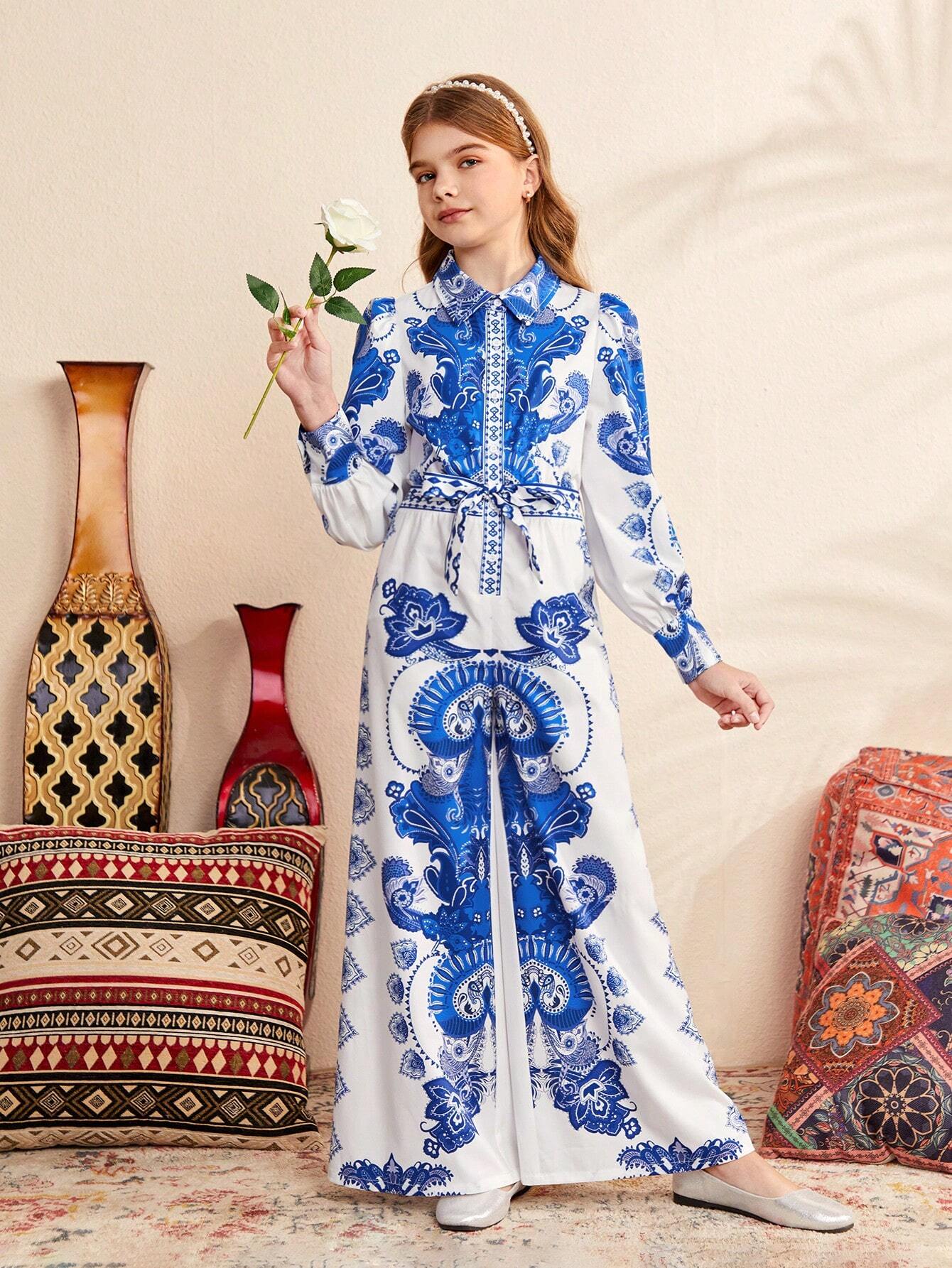 Tween Girl Loose Fit Cute Lapel Collar Vintage Printed Bubble Sleeve Long Jumpsuit Blue