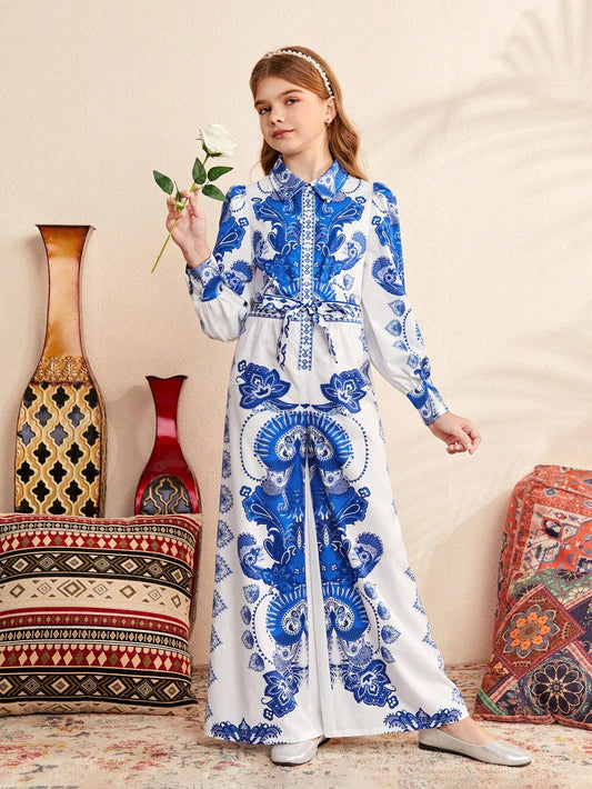 Tween Girl Loose Fit Cute Lapel Collar Vintage Printed Bubble Sleeve Long Jumpsuit Blue