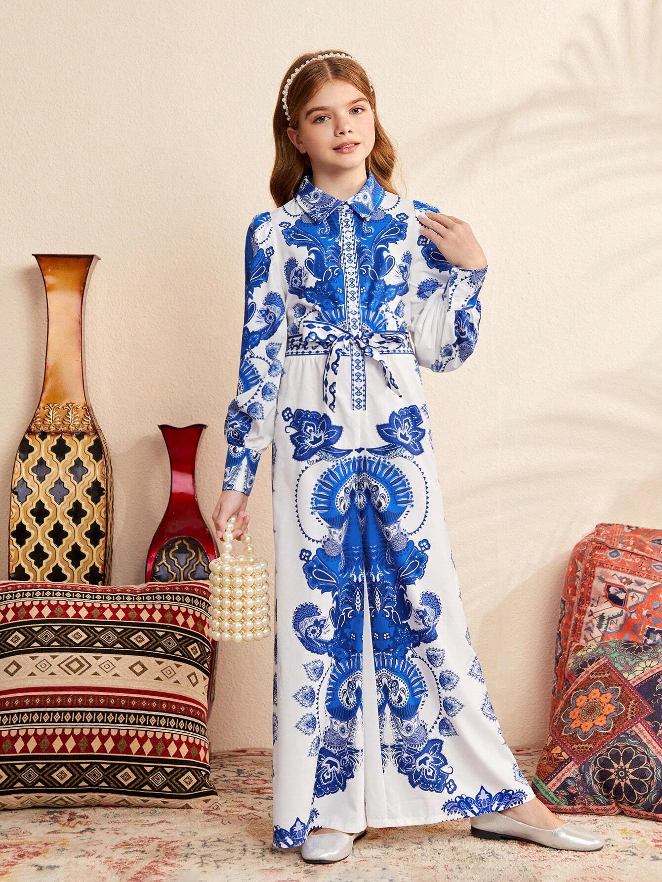 Tween Girl Loose Fit Cute Lapel Collar Vintage Printed Bubble Sleeve Long Jumpsuit