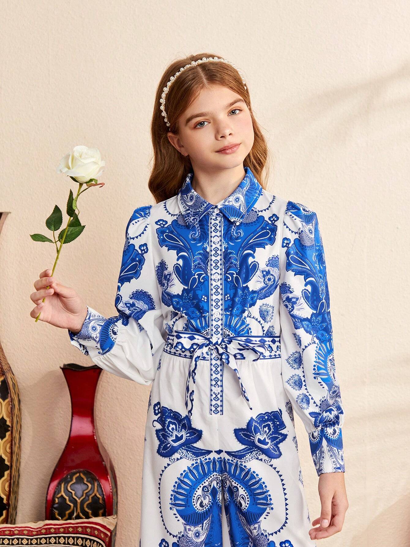 Tween Girl Loose Fit Cute Lapel Collar Vintage Printed Bubble Sleeve Long Jumpsuit