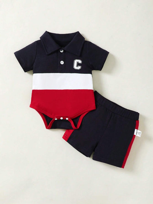 Baby Boys' Colorblocked Polo Collar Short Sleeve Romper And Shorts Set Multicolor