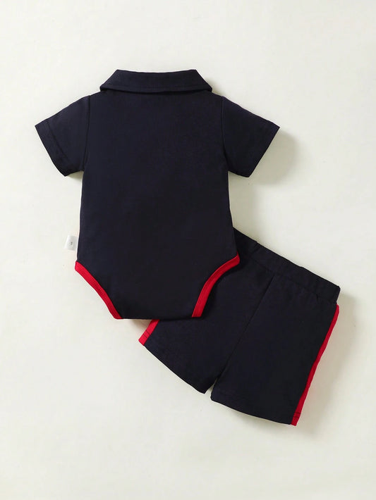 Baby Boys' Colorblocked Polo Collar Short Sleeve Romper And Shorts Set