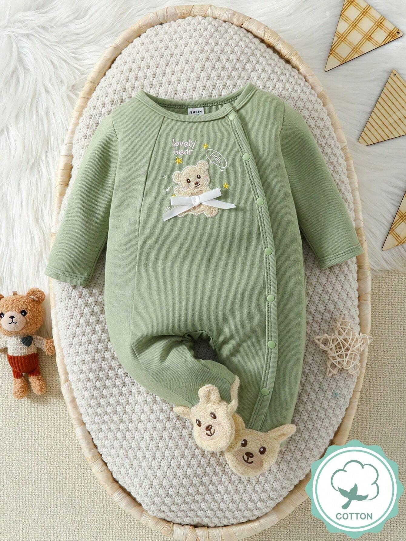 Baby Bear Embroidery Long Sleeve Sleepsuit With Footies Green