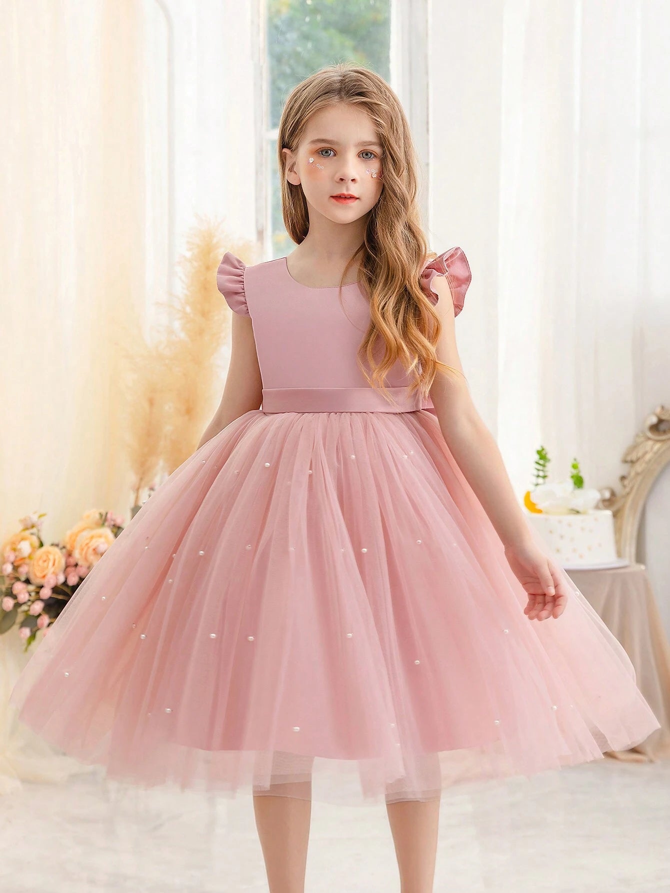 Girls' Flying Sleeve Mesh Tulle Princess Dress